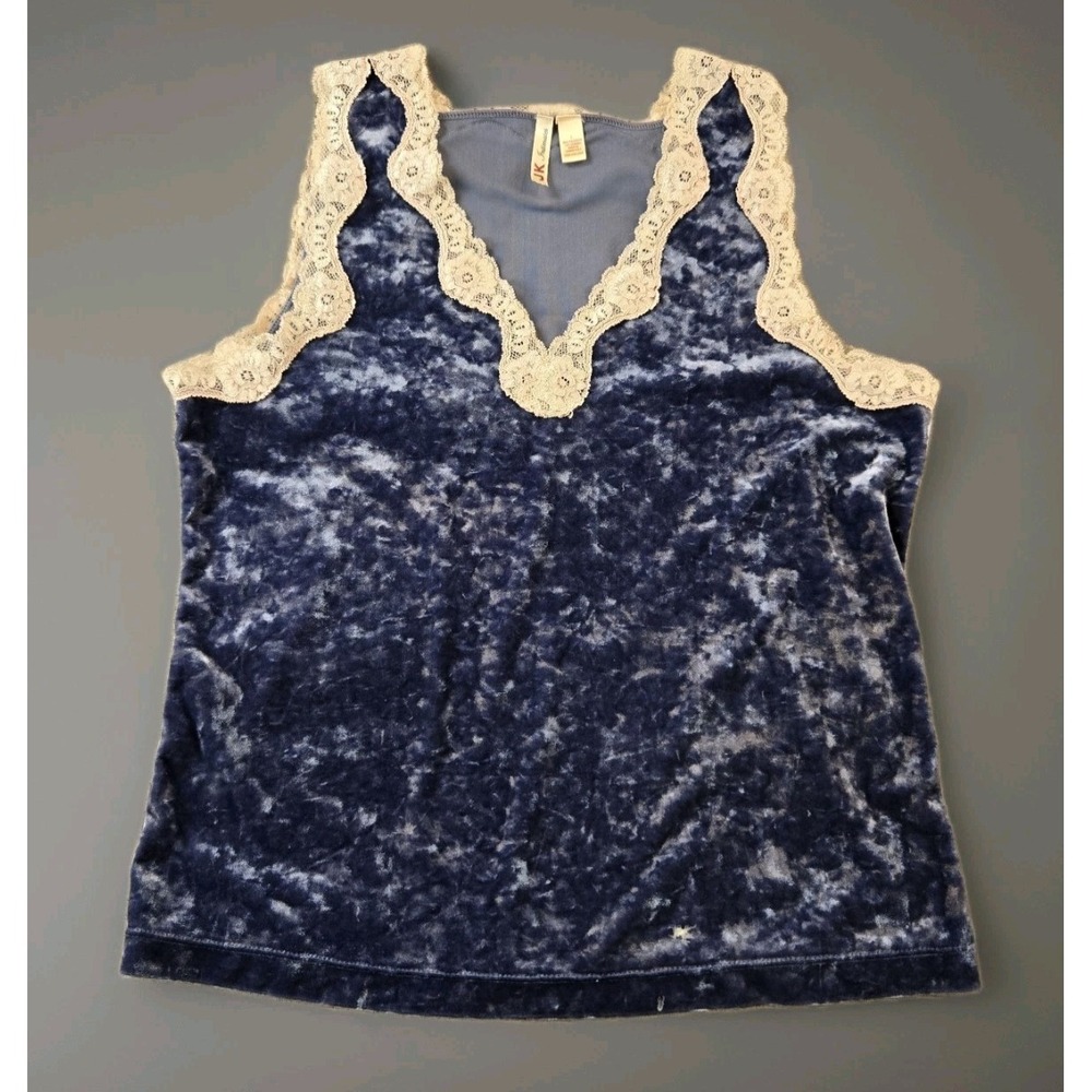 JK Intimates Women's Top Blue Velvet Body w/ Cream Lace Trim Stretch Size Large